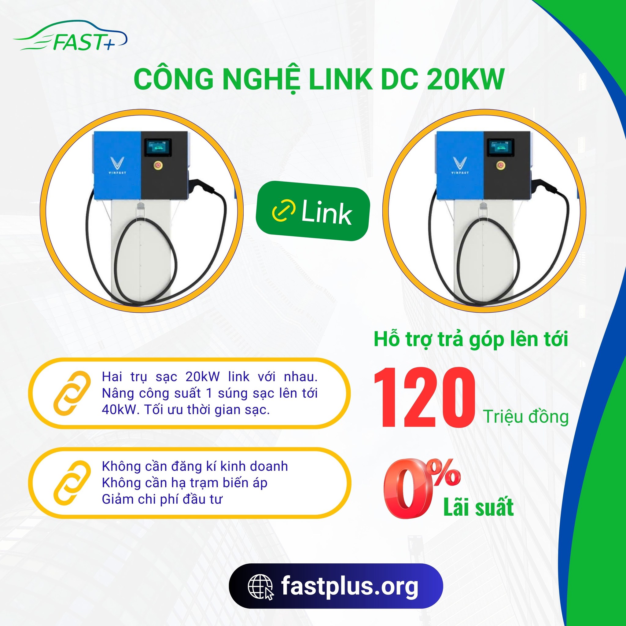 GIẢI PHÁP ĐỘT PHÁ – ĐẦU TƯ THÔNG MINH VỚI COMBO 2 TRỤ SẠC DC 20kW LINK CỦA V-GREEN CÙNG FAST+